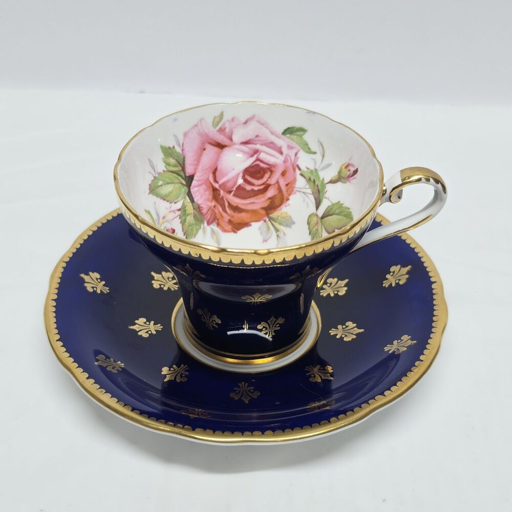 Aynsley Tea Cup Saucer Vintage Cobalt Blue Pink Cabbage Rose Gold Fleur De Lis